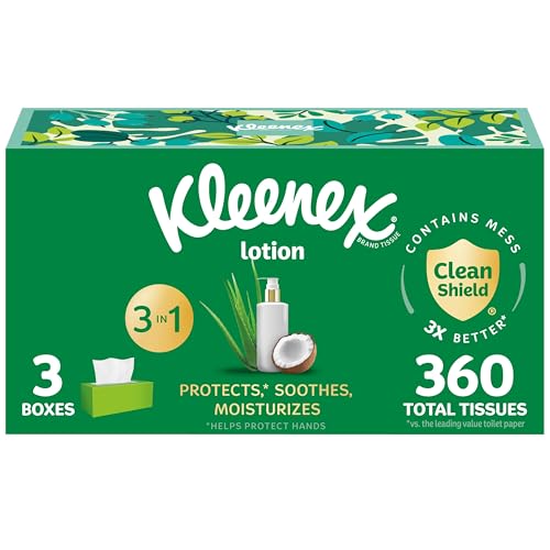 kleenex lotion facial tissues with coconut oil 3 flat boxes 120 tissues per box 3-ply
