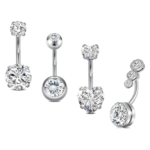 14G Stainless Steel Belly Button Rins, Heart CZ Belly Barbell Piercings, Cute Navel Piercing Jewelry For Women