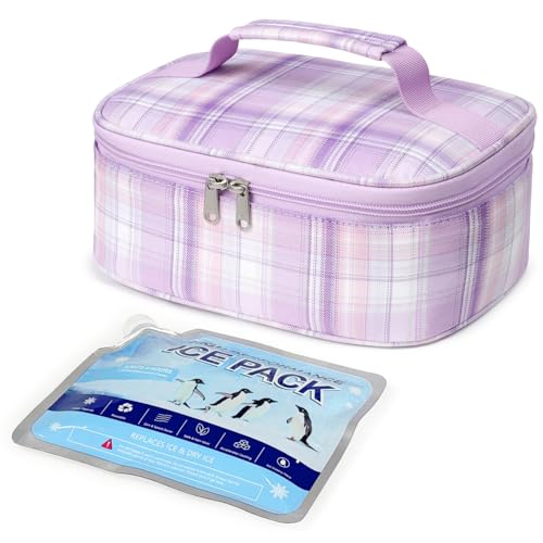 Eri Small Insulated Lunch Bag With Ice Pack, Flat Mini Cooler Box For Women Men, Slim Reusable Snack Pouch For School Office Travel, 4l (glitter Purple Stripe)