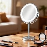 LunarCorky 化粧鏡 卓上鏡 等倍&10倍拡大鏡 LEDライト付きミラー 8インチ両面鏡 USB充電式 3段階調色&無段階調光 リバーサルミラー 自動消灯 メモリー機能 360度回転 卓上ミラー あんていベース 浴室、化粧台に使用できます 人気スタンドミラー 日本語取扱説明書付き（シルバー）