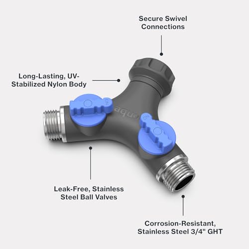 Image of Aquor Garden Hose Y-Splitter - 2 Way Garden Hose Y Connector with Shut-Off Valves - Heavy-Duty, High-Flow, Leak-Free, UV & Corrosion Resistant, Fits Standard Outdoor Faucets 3 /4 inch GHT