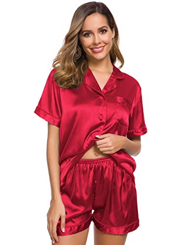 Image of SWOMOG Womens Silk Satin Pajamas Set Short Sleeve Sleepwear Button Down Top and Shorts Loungewear 2 Piece Pjs Set XS-3XL