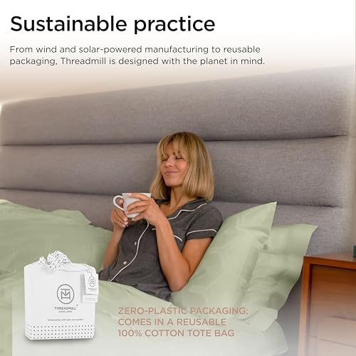 Image of Threadmill 100% Cotton Sheets for Full Size Bed - 600 Thread Count Full Bed Sheets Set with 16 inch Deep Pocket - Jacquard Sateen Weave 4-Piece Bedding Set with Cooling Effect, Sage Green