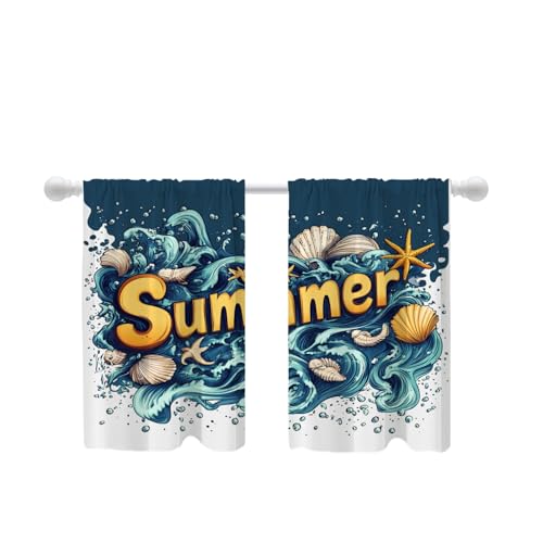 Shrahala Summer Sea Elements Blackout Curtain Tiers, Ocean Themed Illustration Kitchen Valance Light Blocking Tier Drapes with Rod Pocket, 2 Pack 26 X 36 in