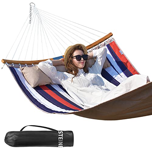 Double Hammock, 11 Ft Quilted Fabric 2 Person Hammock For Outside With Pillow, Folding Curved Spreader Bar, Chains, Carrying Bag, Indoor Outdoor, 450 Ib Capacity, Trinidad Red #TOP11