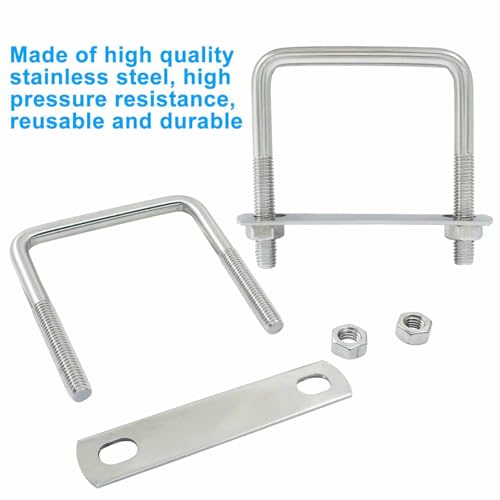 Image of 2 Stainless Steel Square U-Bolts, Inner Width 2.5 inch(65mm), Length 3.1 inch(80mm), M8 304 Stainless Steel with Frame Plates and Nuts for Light Industry, Metallurgy, Construction, Shipping