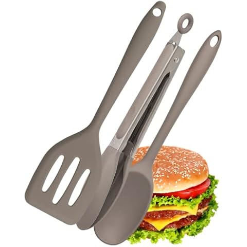 Taylors Eye Witness Grey Silicone Spoon, Turner and Tongs Set - Dishwasher Safe. Sturdy Build, Non-Scratch Heads. Handy Utensil Kitchen Tool Trio. Odour, Stain & Heat Resistant. 5 Year Guarantee Cover