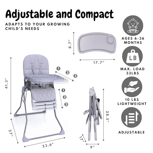 foldable baby high chair with easy clean double-layer tray adjustable foot rest safety first 5 point harness compact space saver baby feeding chair portable for travel