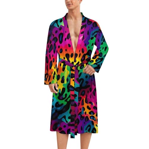 Rainbow Leopard Print Novelty Men's Robe Soft Lightweight Bathrobe Long-sleeve Spa Robes