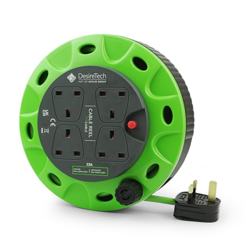Desiretech 4 Socket Extension Lead 5m - Heavy Duty 4-Way Cable Reel 13A Thermal Cut-Out LED Indicator Black & Green Portable Extension Reel CE & UKCA Certified Indoor Use (5 Metre)
