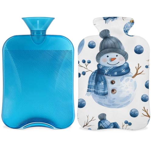 Hot Water Bottle with Soft Cover,2L Christmas Blue Snowman Hot Water Bag for Hot and Cold Compress, Hand Feet Warmer, Rubber Hot or Cold Water Bottle Halloween Christmas Decorations