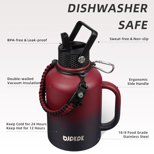 Image of BJPKPK Large Insulated Water Bottles with Straw Lid & Handle, 50oz Water Bottle with 3 Lids and Paracord Strap,Stainless Steel Metal Water Bottle, nsulated Water Jug,Charming Red