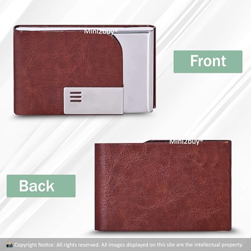 Image of Luxurious Unisex Pocket Card Holder Brown PU Leather Stainless Steel 15-20 Business Card and 5-8 Debit Credit Card Ultrathin RFID Blocking Corporate Gift for Employee 9.5 x 6.5 x 1.2 cm