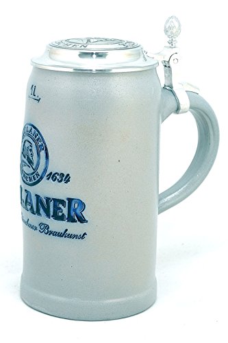 Bavariashop Steinkrug Paulaner salzglasiert mit Zinndeckel - 1,0 Liter - salzglasierter Keferloher Bierkrug