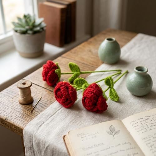 Image of eCraftIndia Set of 3 Handmade Crochet Rose Flower with Gifting Wrap for Rose Day Valentines Day Birthday for Wife Girlfriend