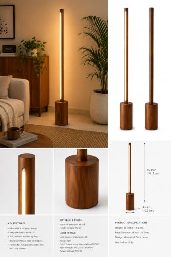 Image of Modern LED Floor Lamp with Wooden Base, 45 Inch Slim Ambient Standing Lamp, Warm Light Decorative Floor Light for Living Room, Bedroom, Corner