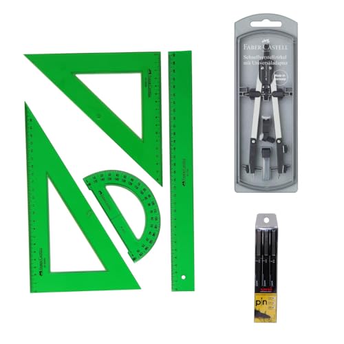 Faber Castell Tecnico-Pack Escolar - Escuadra - Cartabón - Regla - Semicírculo - Color Verde- Compas Articulado de Ajuste Rapido Adaptador Universal 17 cem. + Accesorios 32722-8