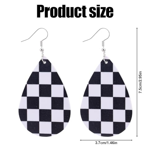 Checkered Earrings for Women, Black and White Chessboard Dangle Drop Earrings Lightweight Leather Teardrop Vintage Accessories Gift for Her2
