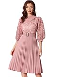 Allegra K Women's Elegant Lace Crochet Lantern Sleeves Belt Loose Pleated Midi Dress Medium Pink