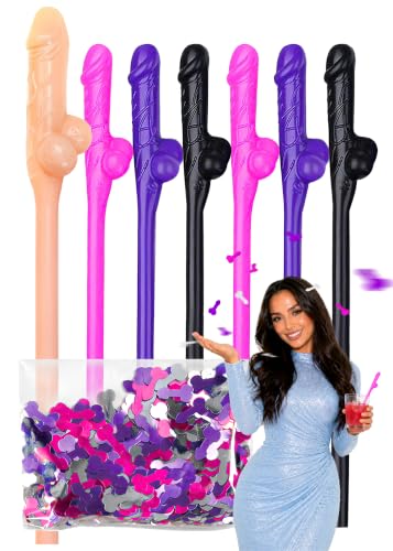 Bachelorette Party Willy Penis Straws and Confetti Set 30 Pcs with 1 Large Novelty Adult Straw Funny Drinking Straws Bridal Shower Favors