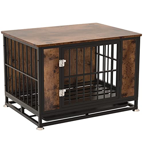Snimoy 33" Dog Crate End Table Furniture, Heavy Duty Decorative Pet Cage Kennel, Wood Metal Dog House Indoor With Removable Tray For Small Dog #TOP30