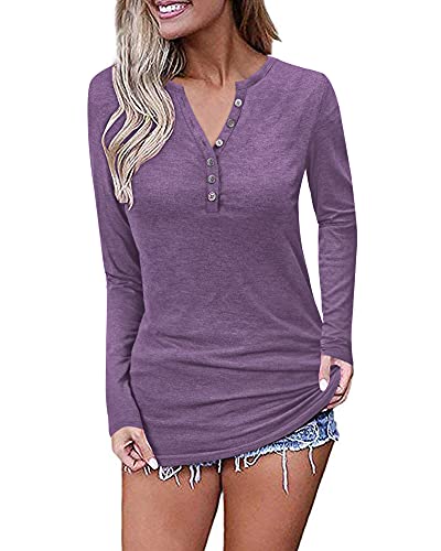 MISFAY Mujer de Manga Larga para Tops Casuales en V Cuello Henley Camisetas Blusas Blusas(Púrpura,XX-Large) Cover