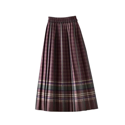 Womens Long Plaid Wool Skirt A line Flared Pleat Wool Tartan Skirt Winter Fall Warm High Elastic Waist Maxi Skirts