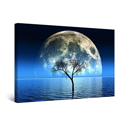 Startonight Cuadro Moderno en Lienzo Para Salon - Luna y Océano Azul - Pintura Abstracta Decoración Grande 80 x 120 cm