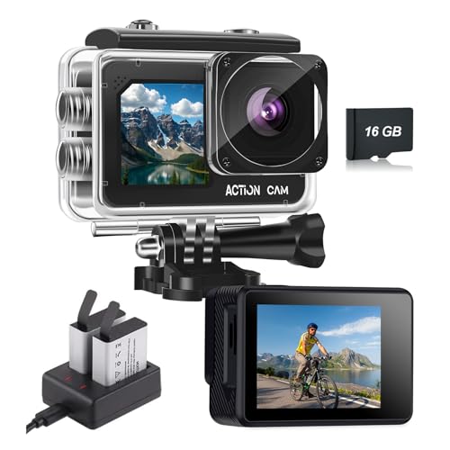 Nvgfelis Dual Screen Action Cam FHD 1080P Helmkamera Wasserdicht bis 40M Actionkamera mit 2×1050 mAh Wiederaufladbare Akkus und Zubehör-Set Coal Black