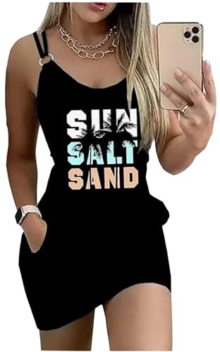 Image of Women's Live Simple Coconut Tree Color Block Mini Dress Spaghetti Strap Halter Strap Sleeveless Mini Dress with Pockets