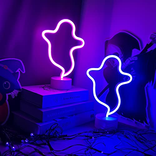Image of Halloween Ghost Neon Sign With Base Pink Led Light Sign for Wall Decor