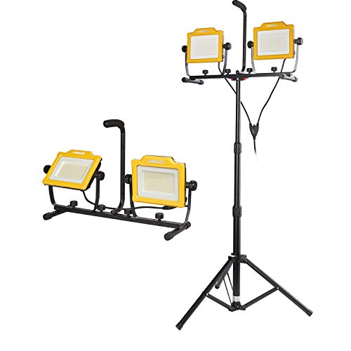 Aoodor 20000 Lumen Twin Head LED Work Light with Metal Telescopic Tripod Stand 10 Ft. Power Cord – IP 65 Water Resistant