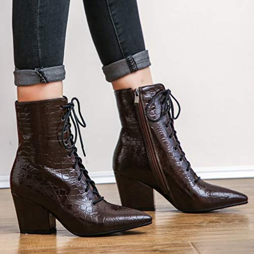 MIOKE Women's Western Chelsea Ankle Boots Pointed Toe Lace Up Zipper Chunky High Heel Dressy Short Booties2