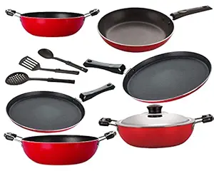 Nirlon Non-Stick Gas Compatible Lightweight Cookware Set for Kitchen Cooking, 9 Piece,Red [FT13_KD12_KD14_DKDM_FT11_TP24_3SPN]