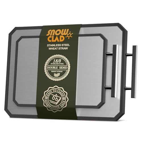 SNOWCLAD Stainless Steel Cutting Board,Double Sided Steel Cutting Board Set for kitchen,Stainless Steel/Wheat straw pp Large for meat,Dishwasher Safe [16 * 11+12 * 8.3 Inch]