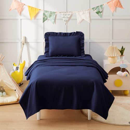 Image of KKJIAF 3 Piece Toddler Sheet Set Microfiber, Includes a Flat Sheet, a Fitted Sheet and a Ruffle Pillowcase, Navy Blue