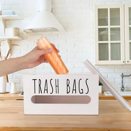 Image of Trash Bag Dispenser, Wall Mount Trash Bags Holder Dispenser with Lid Wooden Kitchen Trash Bag Roll Organizer Plastic Garbage Bag Storage for Cabinet. (White)