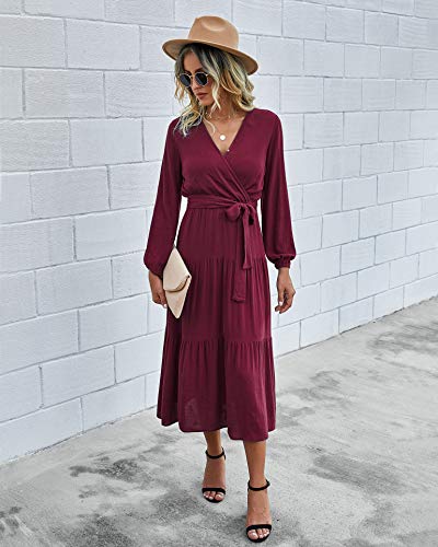 PRETTYGARDEN Women’s Summer V Neck Wrap Vintage Floral Print Short Sleeve Split Belted Flowy Boho Beach Long Dress (Sleeve-Wine Red, Large)