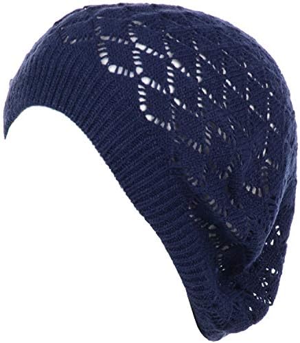 an Womens Crochet Hat Flower Beanie Beret Fashion Accessory Lightweight Knit Cap (One Size, 5120-Navy)