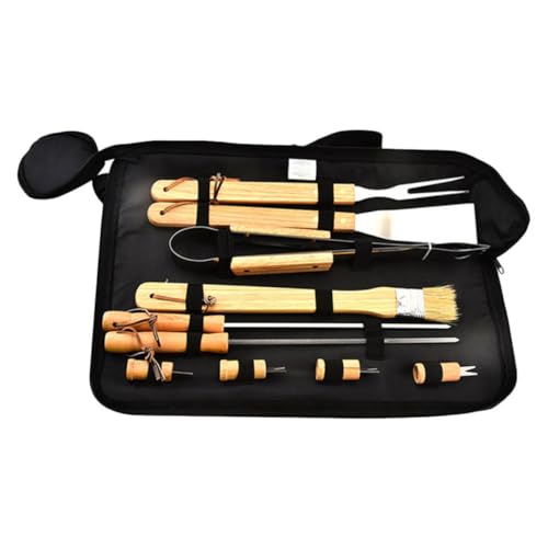Healeved Juego de Utensilios para Barbacoa con Bolsa con Diseño Ergonómico y Superficie Lisa, Set Portátil de Madera y Metal para Picnic y Fiesta al Aire Libre