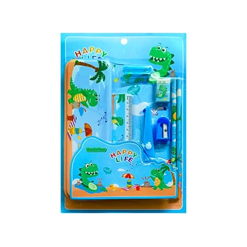 Image of Stationary Set Cute School Kit Good For Birthday Return Gift Educational Supplies For Kids-1*Steel Pencil Box,1*Plastic Scissor,2*Pencils,1*Sharpener,1*Eraser,2*Pencil Caps - Blue Dinasaur