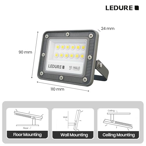Image of LEDURE Halo 10W LED Flood Light | Pack of 1 | 6500K Cool White | IP65 Waterproof | Wide Voltage 150-300V | 4kV Surge Protection | BIS Approved | Aluminium Die-Cast | Outdoor Flood Light for Garden