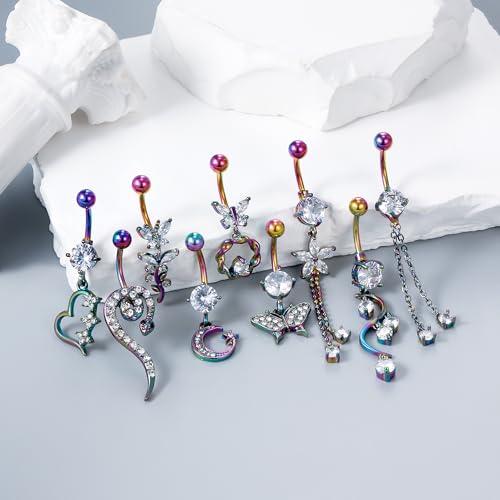 Vsnnsns 14G Dangle Belly Button Ring Piercing Jewelry 316L Stainless Surgical Steel Snake Heart Butterfly Flower Diamond CZ Navel Rings Dangling Belly Button Ring Piercing Jewelry for Women 14 Gauge2