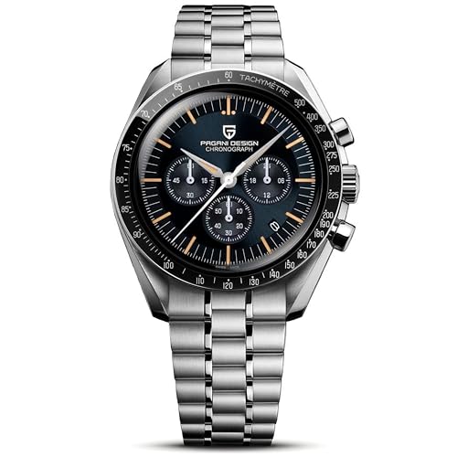 Pagani Design 1701 Men's Watch, Chronograph, VK63 Japanese Quartz Movement, Stainless Steel Bracelet, Water Resistant to 330 Feet (100 Meters), Sapphire Glass Wristwatch. (1701-Black Orange)