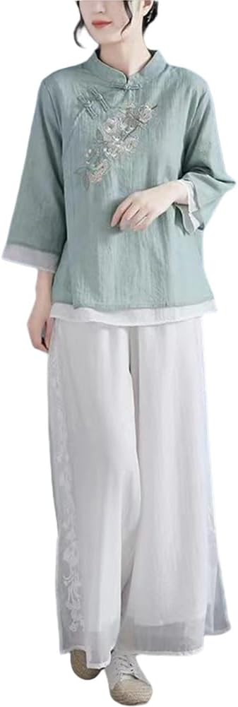 Womens Tops Shirt, Chinese Style, Cotton Linen, Embroidery, Elegant Blouse, Floral Pattern, Long Sleeve, Chinese Clothing, Loose Fit, Chinese Style, Ethnic Style, Spring, Summer, Autumn
