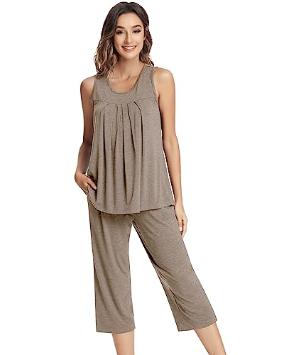 Image of NACHILA Pajamas for Women-Viscose Made from Bamboo, Sleeveless Pjs Tank Top Capri Pants Pajama Sets Cooling Sleepwear