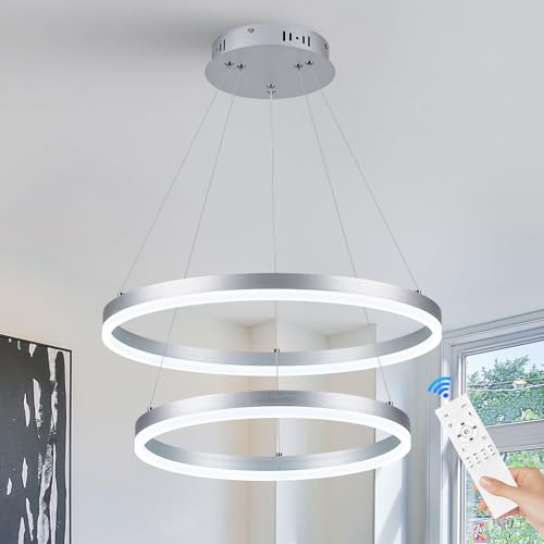 Benkut 2-Rings Modern LED Chandelier Silver for Dining Room, Circular Flush Mount Ceiling Chandelier...
