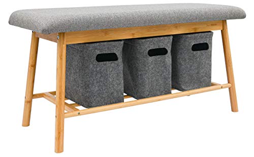 DuneDesign Nordic Sitzbank mit 3 Filzkörben - 90x34x44 Bambus Schuhbank...
