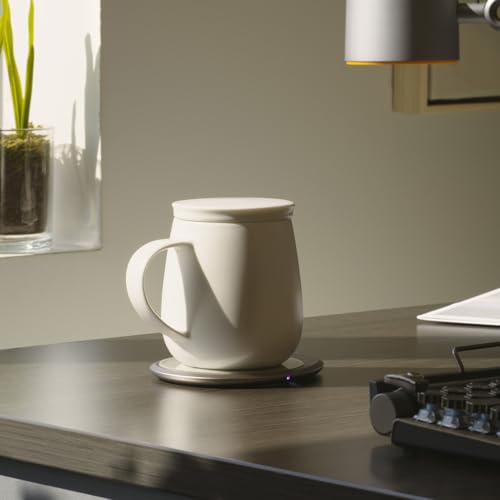 Image of Ui 3 Self-Heating Mug Set - Jasmine White | 12 fl oz / 355 mL Ceramic Coffee & Tea Mug Set with Heating Pad