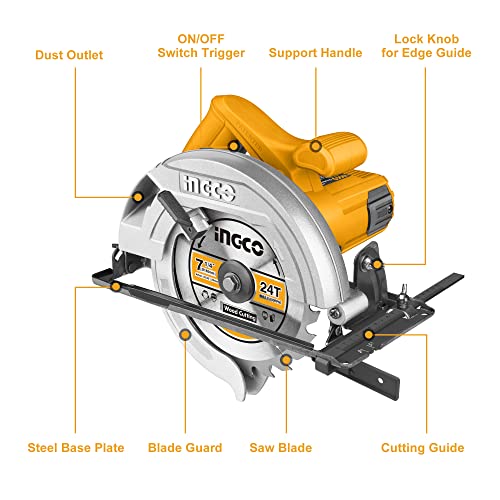 Image of INGCO Circular Saw, 1400W | 4800rpm Electric Saw, Adjustable Cutting Depth /Bevel Cutting Corded Saw with 185mm Blade for Home Decoration or Woodworking